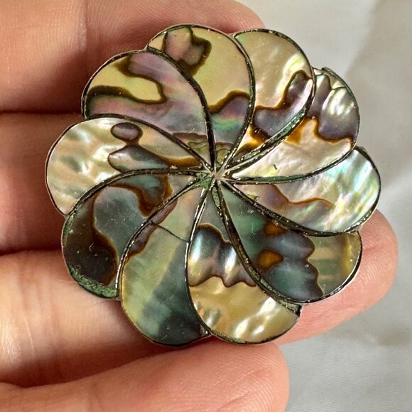 VTG Sterling Silver 925 Abalone Inlay Pinwheel Design Brooch Size 1.5'' Diameter - Picture 3 of 6